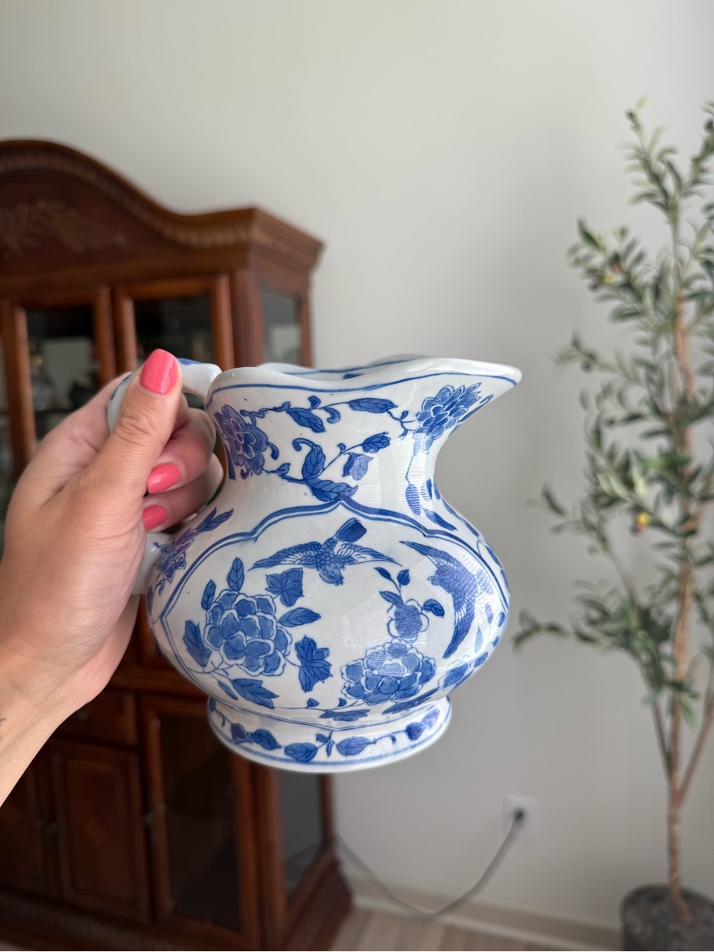 Andrea By Sadek Blue and White Floral Ceramic Pitcher